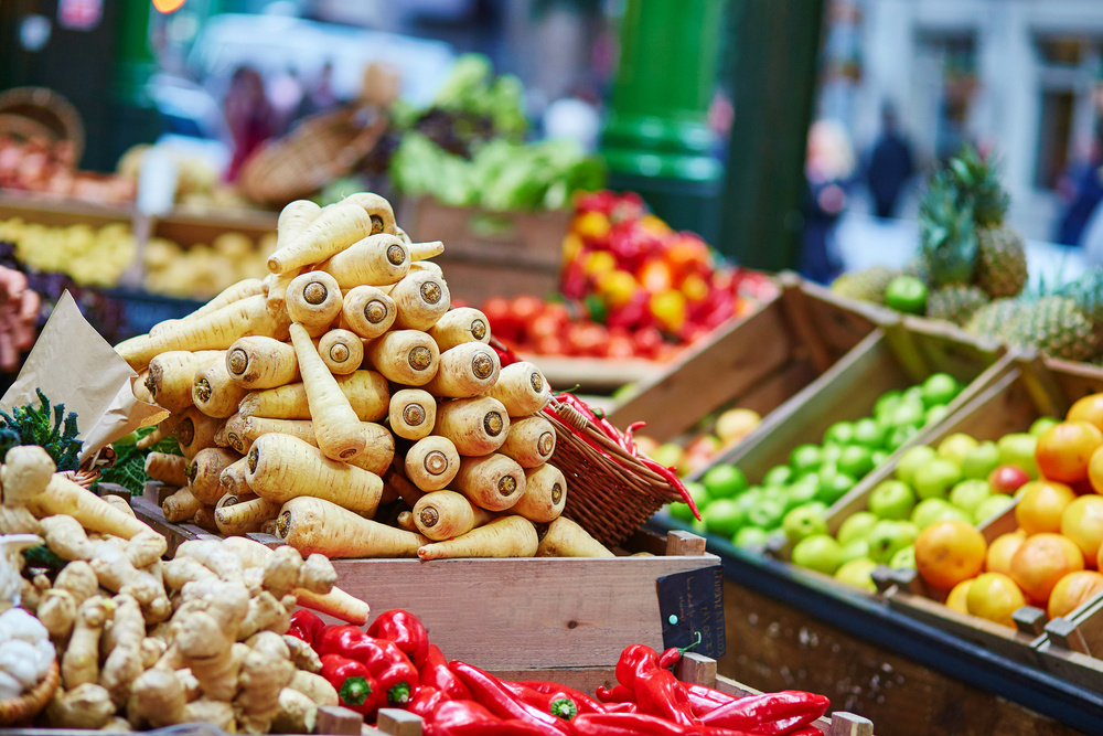 A fruit and vegetable stall in a London market